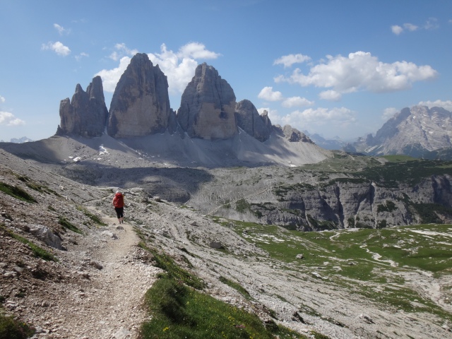 Walking at the foot of the Tre Cime di Lavaredo in the Dolomites